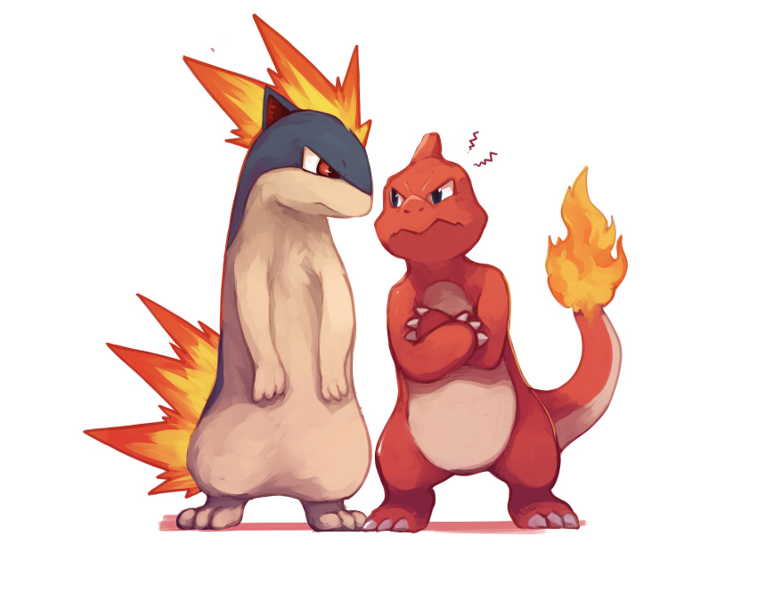 charmeleon claws closed_mouth commentary crossed_arms eye_contact flame-tipped_tail frown glaring highres looking_at_another lower no_humans pokemon pokemon_(creature) quilava red_eyes standing