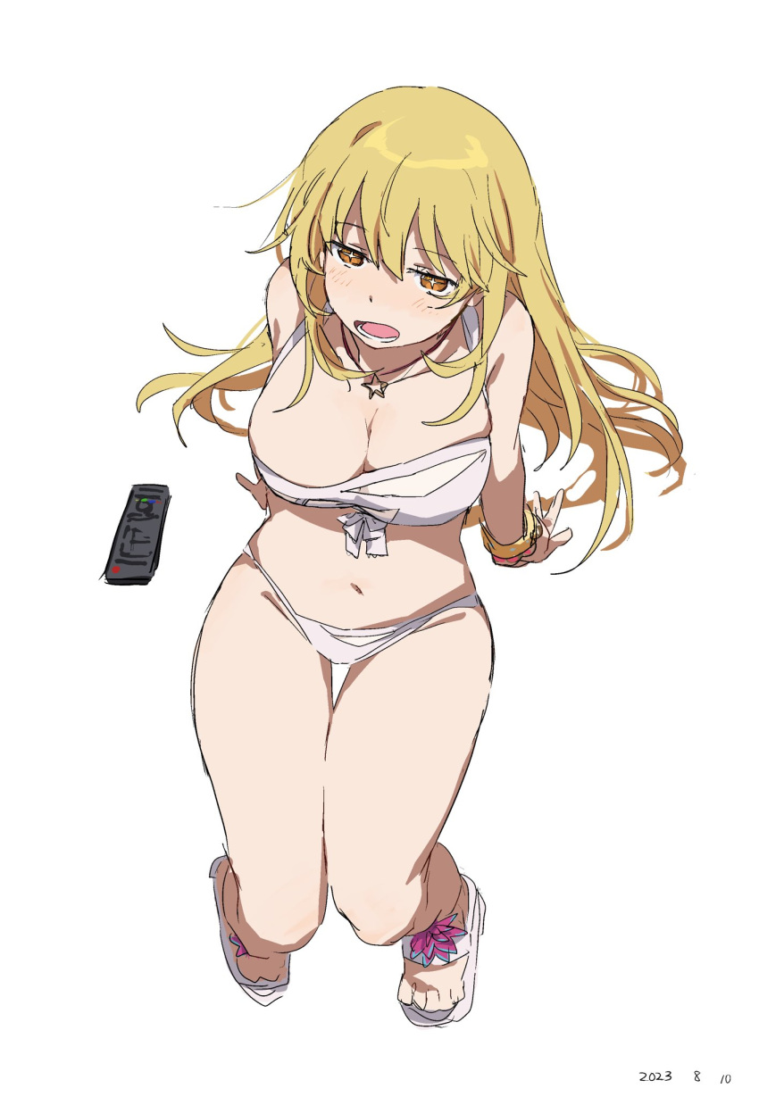 1girl bikini blonde_hair breasts cleavage controller dated from_above full_body hair_between_eyes highres invisible_chair jewelry large_breasts long_hair looking_at_viewer navel necklace official_alternate_costume open_mouth remote_control sandals shokuhou_misaki sitting solo star-shaped_pupils star_(symbol) star_necklace swimsuit symbol-shaped_pupils takatisakana toaru_kagaku_no_mental_out toaru_kagaku_no_railgun toaru_majutsu_no_index toes white_background white_bikini yellow_eyes