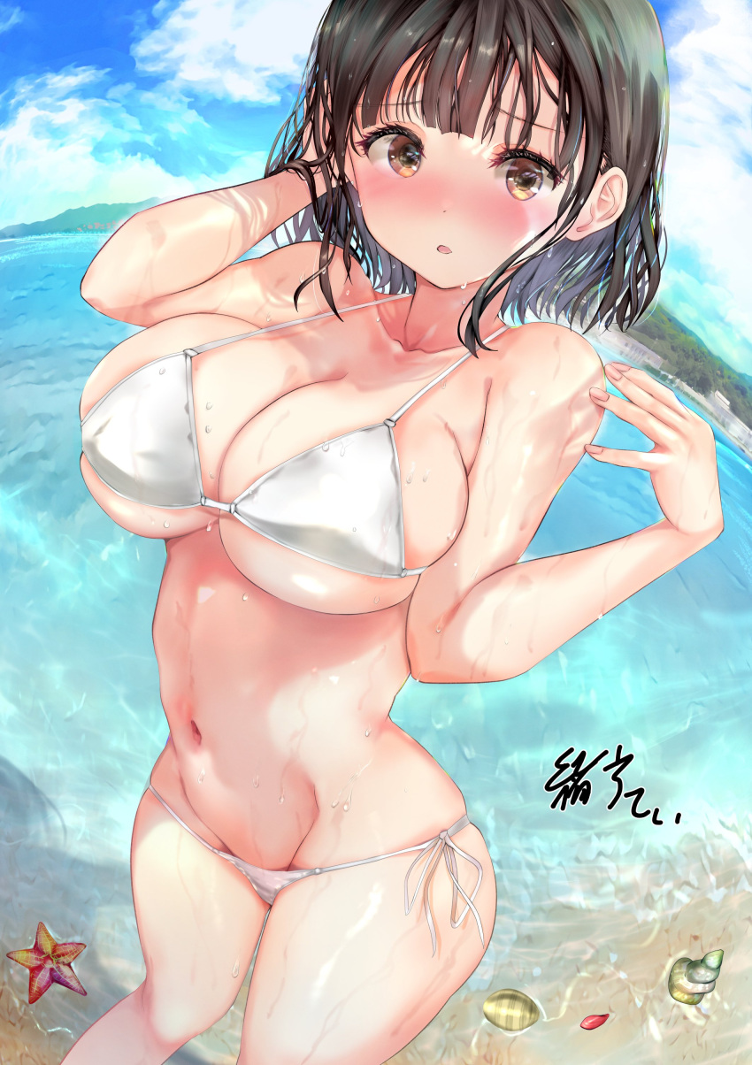 1girl absurdres arm_up beach bikini blunt_bangs blush breasts brown_eyes brown_hair cleavage cloud commentary_request day dot_nose feet_out_of_frame fingernails fisheye from_above groin hand_up hands_in_hair highres large_breasts looking_at_viewer medium_hair mountainous_horizon navel nose_blush ogata_tei original outdoors parted_lips seashell shell sky solo swimsuit water white_bikini