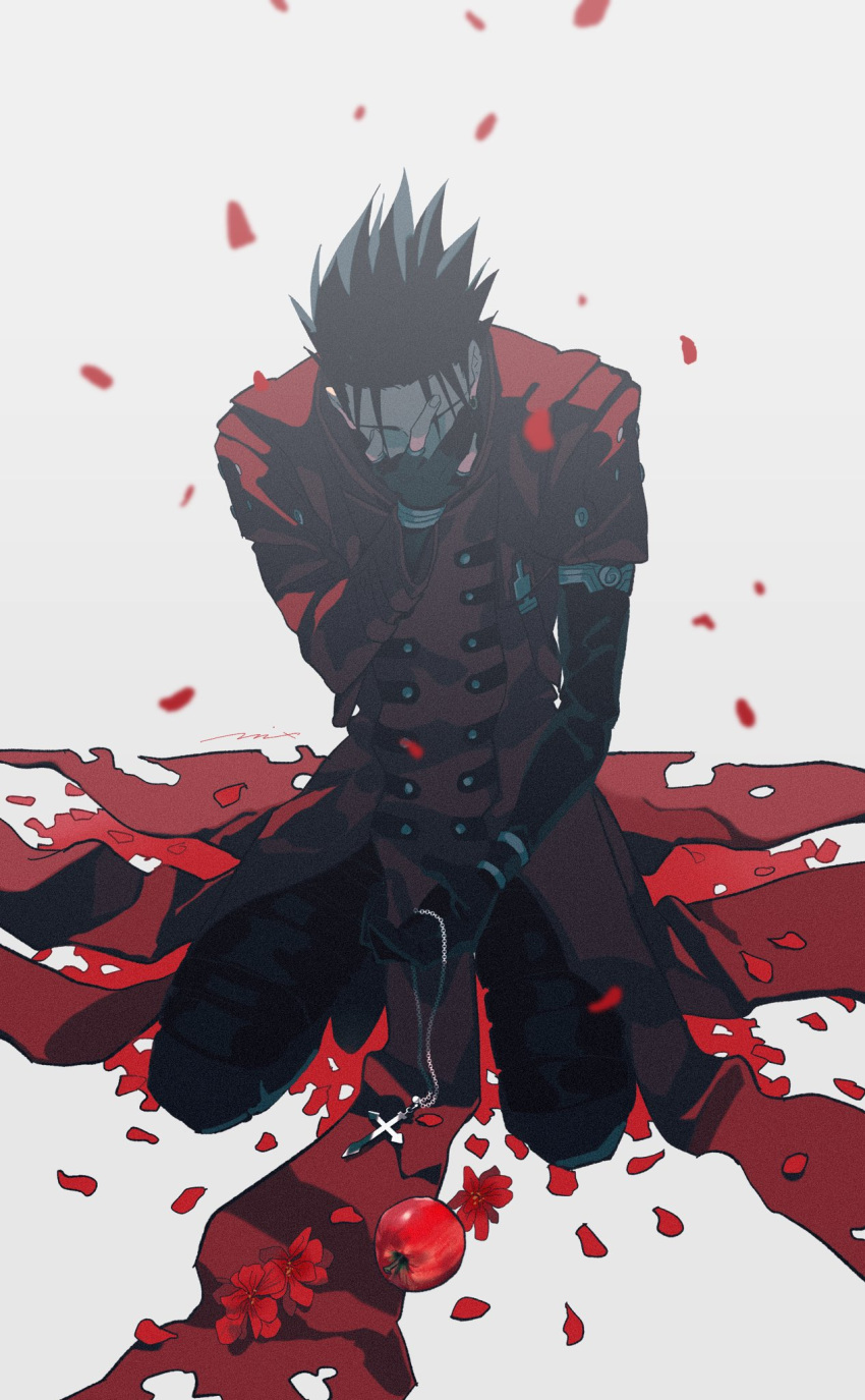 1boy apple black_gloves black_hair black_pants coat covering_face cross cross_necklace earrings falling_petals flower food fruit full_body gloves hand_up highres holding holding_jewelry holding_necklace jewelry kneeling long_coat long_sleeves male_focus mix_(wkupmix) necklace pants partially_fingerless_gloves petals red_coat red_flower short_hair simple_background single_earring solo spiked_hair trigun vash_the_stampede white_background