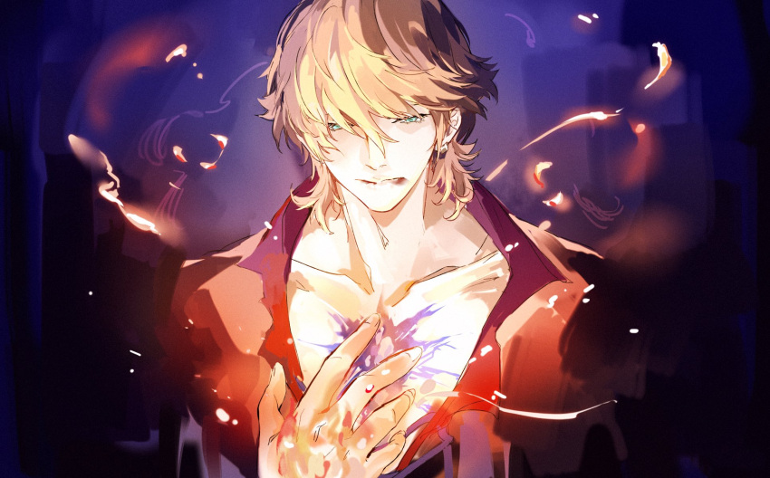 1boy blonde_hair blue_eyes collarbone earrings final_fantasy final_fantasy_xvi fire hair_between_eyes half-closed_eyes hand_on_own_chest highres jewelry joshua_rosfield male_focus medium_hair nuoi407 open_clothes open_shirt phoenix_(final_fantasy) purple_background solo upper_body wavy_hair