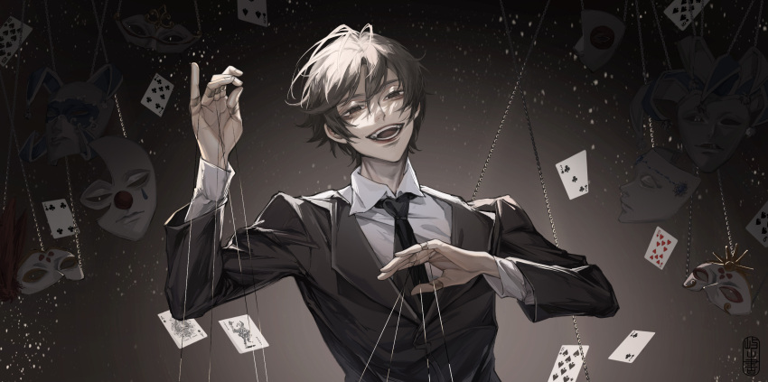 abstract_background ace_(playing_card) ace_of_spades black_hair black_jacket brown_eyes card chinese_commentary clover_print club_(shape) commentary_request dark diamond_(shape) empty_eyes fingernails highres jacket joker_(card) klein_moretti lips looking_at_viewer lord_of_the_mysteries mask open_mouth playing_card qishuheiguang shirt short_hair spade_(shape) string teeth tongue white_shirt