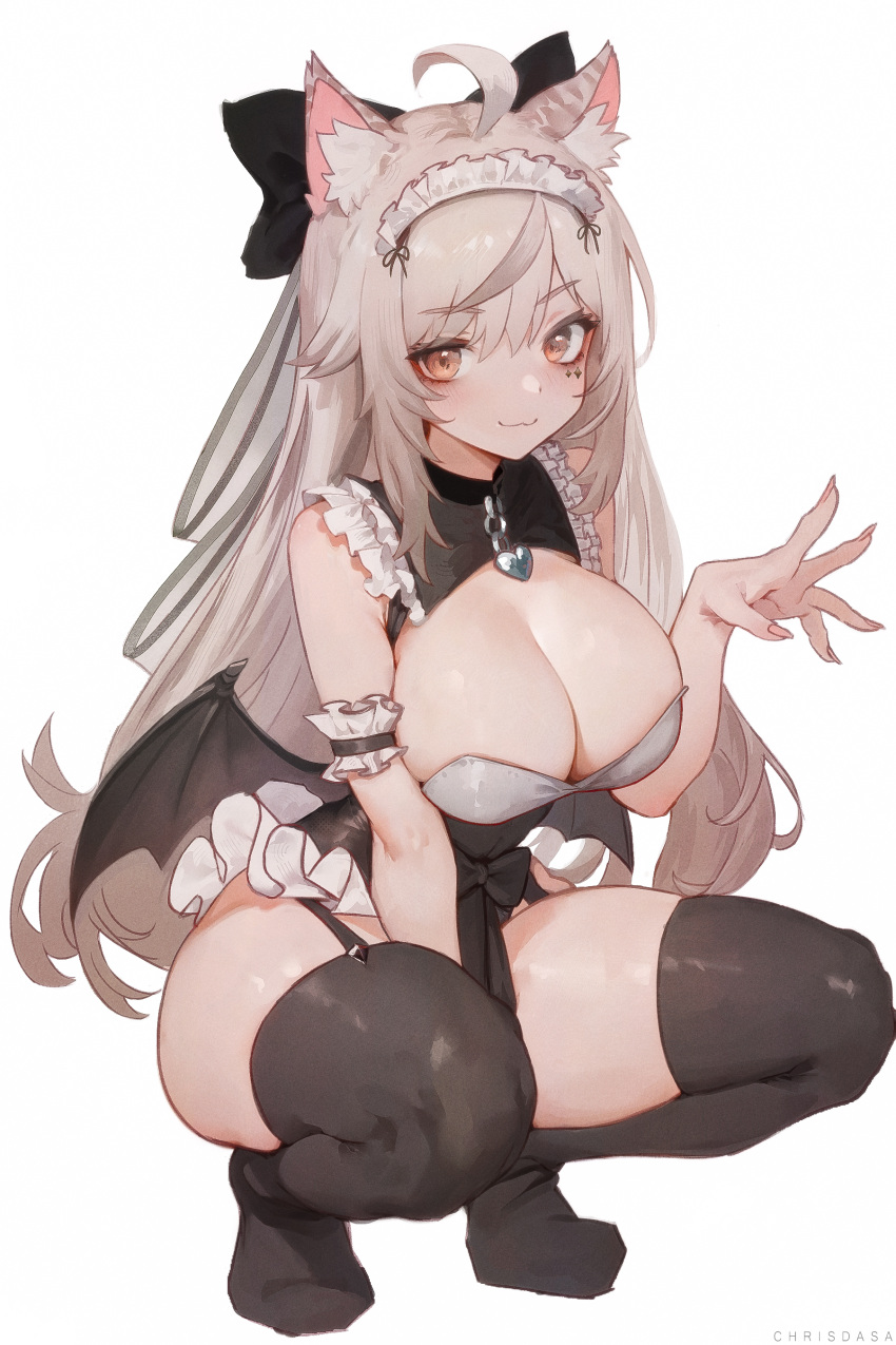 1girl :3 absurdres ahoge animal_ear_fluff animal_ears arm_garter artist_name black_bow black_thighhighs black_wings blue_brooch bow breasts brooch brown_eyes cat_ears cat_girl chrisdasa cleavage cleavage_cutout closed_mouth clothing_cutout commentary commission demon_wings english_commentary fingernails frills grey_hair hair_between_eyes hair_bow heart heart_brooch highres jewel_under_eye jewelry large_breasts light_blush long_fingernails long_hair looking_at_viewer low_wings maid_headdress nail_polish no_shoes original pink_nails sidelocks simple_background smile solo squatting thighhighs v-shaped_eyebrows very_long_hair white_background wings