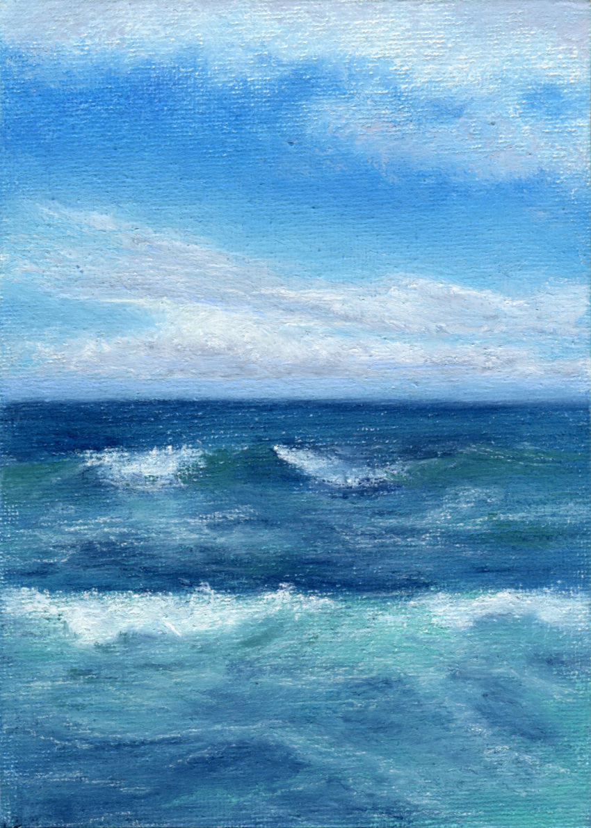 amima_amita blue_sky cloud cloudy_sky highres horizon marine_day no_humans ocean original painting_(medium) scenery sky traditional_media water watercolor_(medium) waves