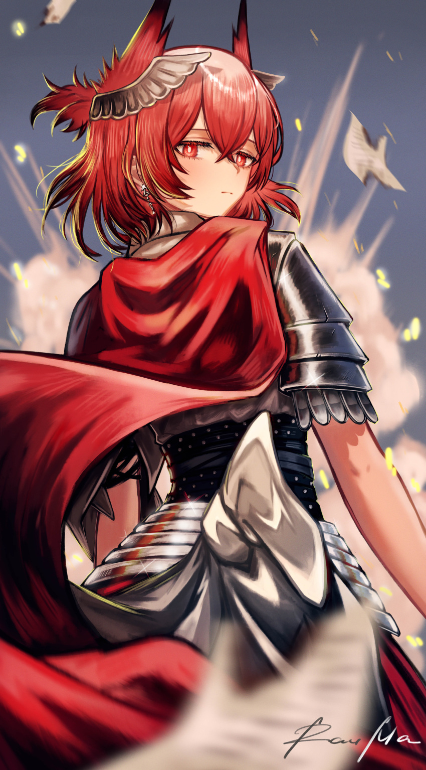 1girl absurdres animal_ears arknights armor bird_ears breastplate bright_pupils cape cowboy_shot crossed_bangs dust_cloud earrings explosion fiammetta_(arknights) from_behind hair_between_eyes highres jewelry knight looking_back rau_ma_(the_rauma001) red_cape red_eyes red_hair short_hair signature solo white_pupils