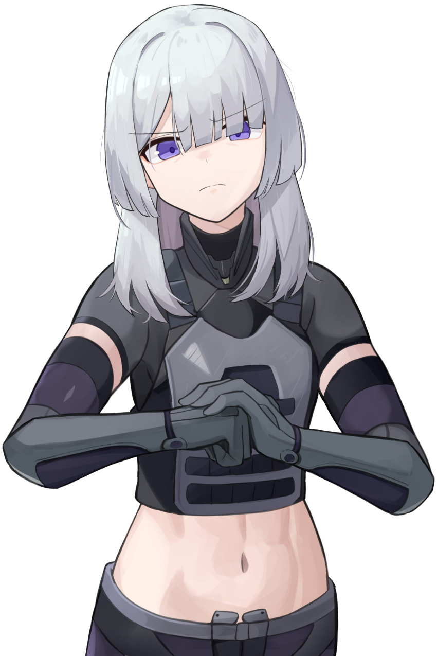 1girl abs absurdres ak-15_(girls'_frontline) clenched_hand crop_top frown gamryous girls'_frontline gloves hair_over_eyes highres long_hair looking_at_viewer midriff navel own_hands_together purple_eyes simple_background solo upper_body white_background white_hair