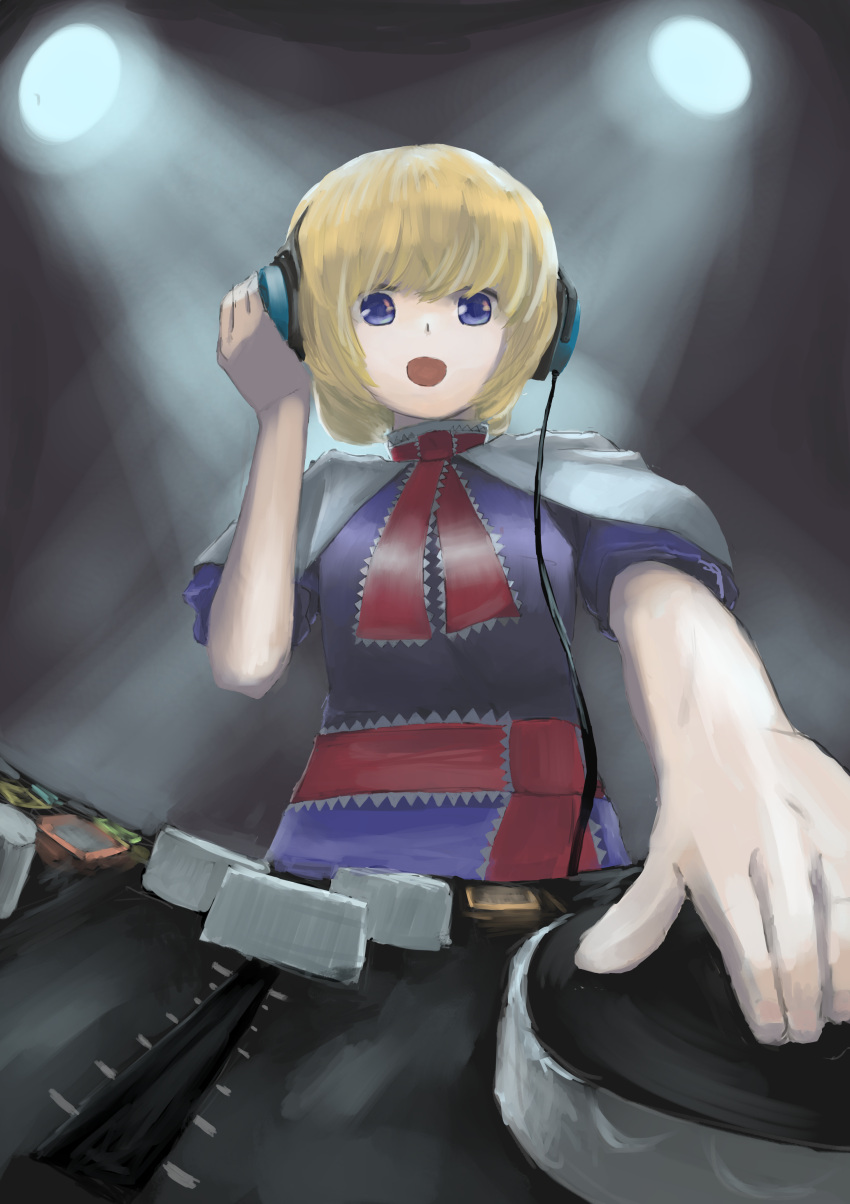 1girl absurdres alice_margatroid amplifier blonde_hair blue_eyes buttons dj headphones highres looking_at_object medium_hair mixing_console open_mouth record shinkopeishon smile solo spotlight touhou turntable