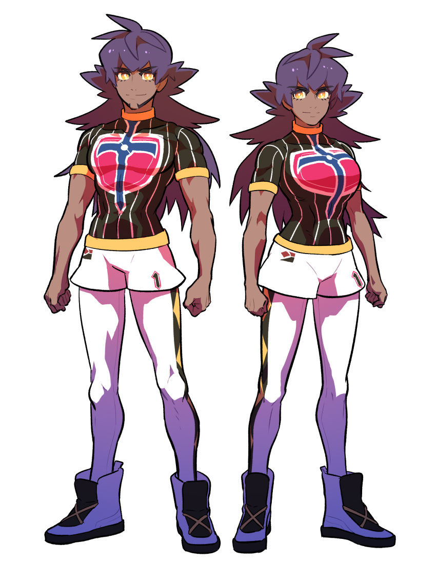 1boy 1girl boots breasts bright_pupils champion_uniform clenched_hands closed_mouth commentary_request dark-skinned_female dark-skinned_male dark_skin facial_hair genderswap genderswap_(mtf) highres korean_commentary large_breasts leggings leon_(pokemon) long_hair looking_at_viewer pokemon pokemon_(game) pokemon_swsh purple_hair redlhzz shield_print shirt short_shorts short_sleeves shorts smile split_mouth standing sword_print white_shorts yellow_eyes