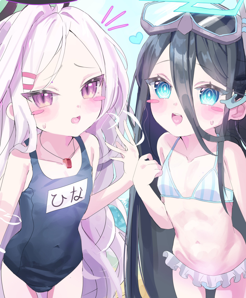 2girls :d :o absurdres alternate_costume aris_(blue_archive) bare_shoulders beach bikini black_hair black_halo black_horns blue_archive blue_bikini blue_eyes blue_halo blue_one-piece_swimsuit blue_sky blush blush_stickers bright_pupils character_name clenched_hand collarbone colored_eyelashes commentary covered_navel cowboy_shot day demon_horns diving_mask diving_mask_on_head double-parted_bangs embarrassed english_commentary flat_chest forehead frilled_bikini frills furrowed_brow goggles goggles_on_head groin hair_between_eyes hair_ornament hairclip halo hand_up heart heart_in_mouth highres hina_(blue_archive) hina_(swimsuit)_(blue_archive) horns long_hair looking_at_viewer multiple_girls name_tag navel notice_lines ocean official_alternate_costume old_school_swimsuit one-piece_swimsuit open_mouth outdoors parted_bangs purple_eyes ringed_eyes school_swimsuit side-by-side sky slit_pupils smile snorkel spoken_heart standing straight_hair striped striped_bikini sweat sweatdrop swimsuit teeth upper_teeth_only vertical-striped_bikini vertical_stripes very_long_hair wavy_hair wellski whistle whistle_around_neck white_bikini white_hair