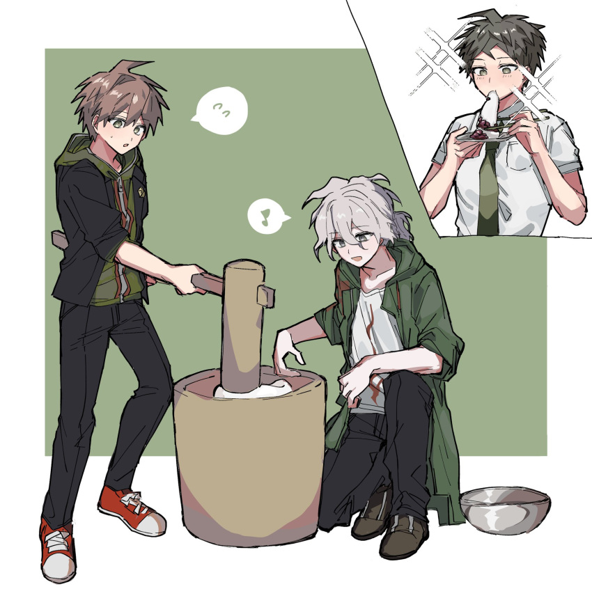 3boys :d aemono_(lemolemo_lmn) ahoge black_jacket black_pants breast_pocket brown_footwear chopsticks collarbone danganronpa:_trigger_happy_havoc danganronpa_(series) danganronpa_2:_goodbye_despair eating food green_background green_hoodie green_jacket green_necktie grey_hair highres hinata_hajime holding holding_chopsticks hood hood_down hooded_jacket hoodie jacket komaeda_nagito male_focus multiple_boys naegi_makoto necktie open_clothes open_jacket pants pocket print_shirt red_footwear shirt short_sleeves smile sparkle white_background white_shirt