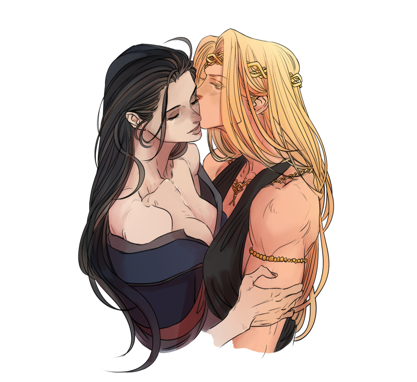 2girls armlet bare_arms bare_shoulders black_dress black_hair blonde_hair blue_dress breasts cleavage closed_eyes dress elden_ring gold_diadem gold_necklace hand_on_another's_shoulder highres jewelry kiss kissing_cheek long_hair mashe_(marceline2174) multiple_girls necklace queen_marika_the_eternal rennala_queen_of_the_full_moon sleeveless sleeveless_dress yuri