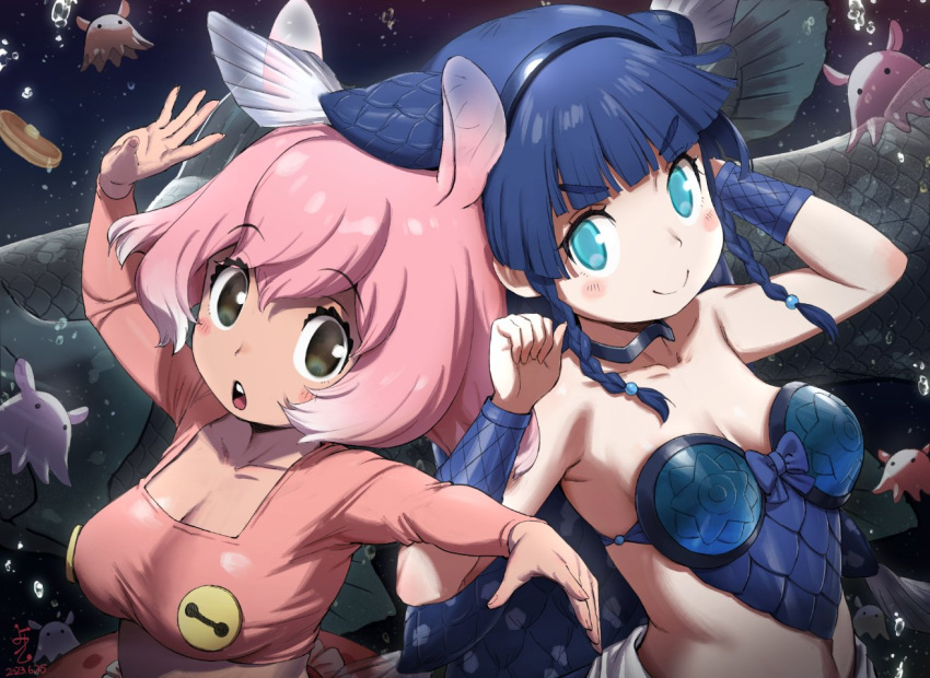 &gt;:) 2girls air_bubble animal arms_up blue_bow blue_bowtie blue_eyes blue_hair blunt_bangs bow bowtie bracer braid braided_sidelock breasts bubble cephalopod cleavage closed_mouth coelacanth coelacanth_(kemono_friends) collar collarbone creature_and_personification cropped_shirt dark_blue_hair fingernails fins fish food freediving green_eyes head_fins ito_yoki japanese_pancake_devilfish_(kemono_friends) kemono_friends kemono_friends_3 long_hair long_sleeves looking_at_viewer medium_breasts medium_hair midriff multicolored_hair multiple_girls open_mouth pancake pink_hair pink_shirt shirt side-by-side side_braid smile square_neckline stomach strapless submerged tan twin_braids two-tone_hair underwater upper_body v-shaped_eyebrows very_long_hair