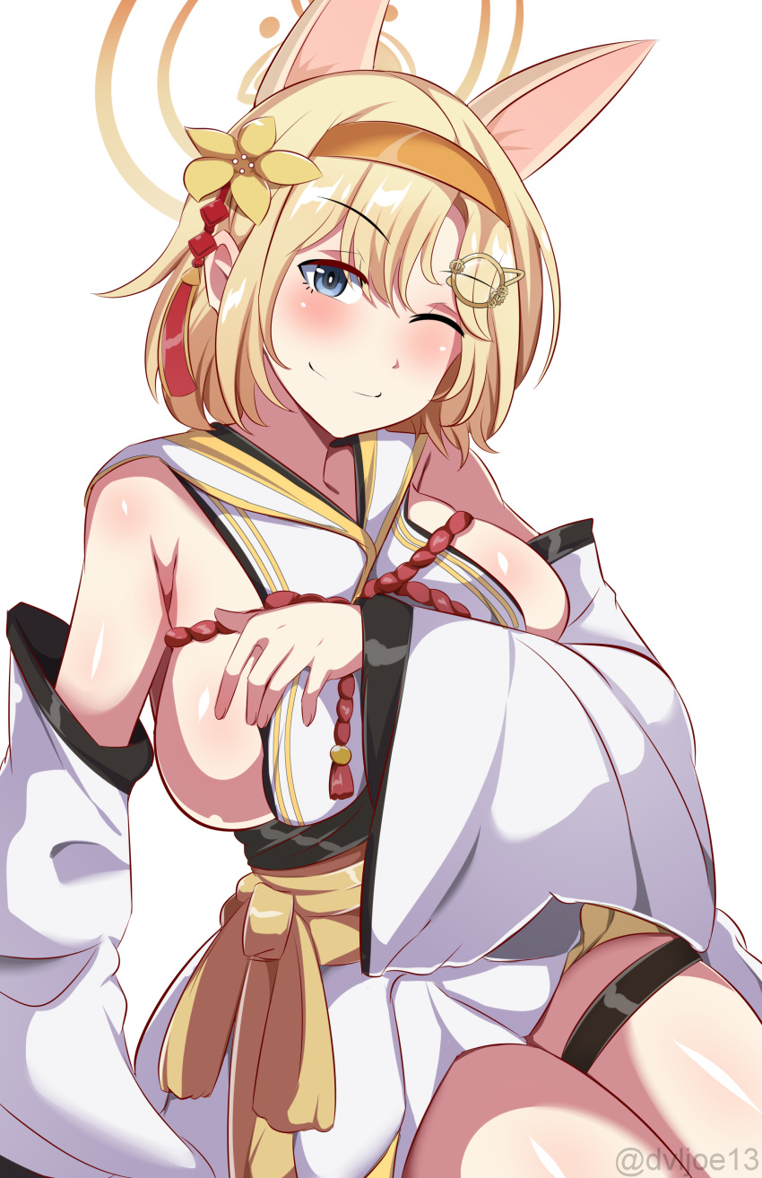 1girl absurdres animal_ear_fluff animal_ears bare_shoulders blonde_hair blue_archive blue_eyes blush bob_cut breasts cosplay detached_sleeves dvljoe fox_ears hair_ornament hairband halo highres holding hololive hololive_english japanese_clothes kaho_(blue_archive) kaho_(blue_archive)_(cosplay) kimono large_breasts look-alike looking_at_viewer monocle_hair_ornament one_eye_closed orange_halo ribbon-trimmed_thighhighs short_hair sideboob simple_background sleeveless sleeveless_kimono smile solo virtual_youtuber watson_amelia white_background white_kimono wide_sleeves yellow_eyes yellow_hairband yellow_halo