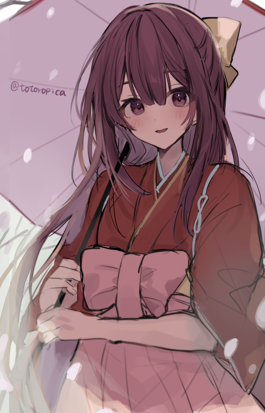 1girl bow cowboy_shot hair_bow hakama hakama_skirt half_updo highres japanese_clothes kamikaze_(kancolle) kantai_collection kimono meiji_schoolgirl_uniform one-hour_drawing_challenge picoli1313 pink_hakama purple_eyes purple_hair red_kimono skirt smile solo tasuki twitter_username umbrella yellow_bow