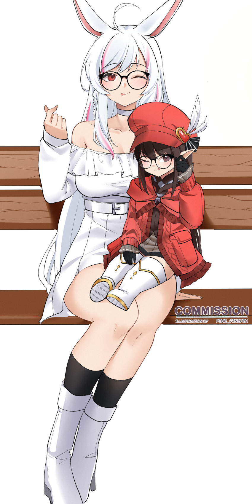 2girls :q ;p absurdres ahoge animal_ears bare_shoulders black-framed_eyewear black_hair boots breasts cabbie_hat choker cleavage commentary final_fantasy final_fantasy_xiv hand_up hat high_heel_boots high_heels highres jacket lalafell large_breasts long_hair long_sleeves looking_at_viewer miniskirt multicolored_hair multiple_girls off-shoulder_shirt off_shoulder one_eye_closed original pink_hair pinnn pleated_skirt pointy_ears red_eyes red_headwear red_jacket round_eyewear shirt simple_background sitting skirt streaked_hair thighs tongue tongue_out very_long_hair viera white_background white_choker white_footwear white_hair white_shirt white_skirt