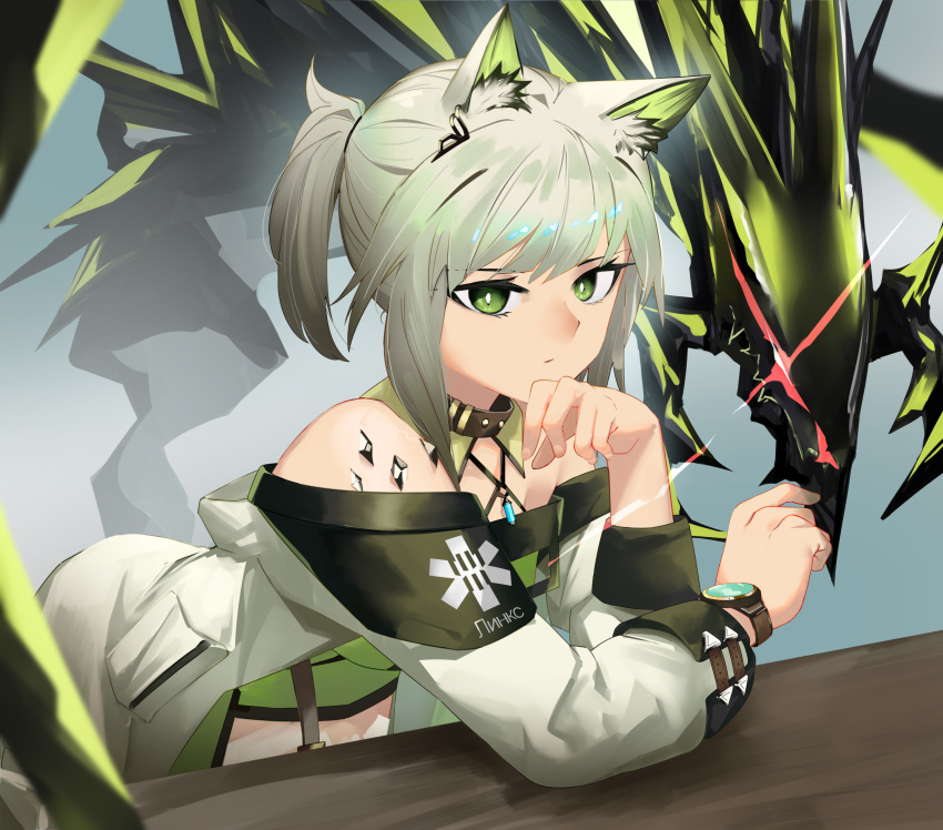 1girl absurdres animal_ear_fluff animal_ears ao_oni_(onioni-aoi) arknights bare_shoulders belt belt_collar bright_pupils brown_belt brown_collar cat_ears cat_girl closed_mouth collar counter cyrillic diffraction_spikes dress expressionless fingernails green_eyes grey_dress grey_hair hand_to_own_mouth hand_up highres jewelry kal'tsit_(arknights) leaning leaning_forward long_sleeves looking_at_viewer mon3tr_(arknights) off_shoulder oripathy_lesion_(arknights) pendant ponytail russian_text short_hair sidelocks solo star_of_life watch white_pupils wristwatch