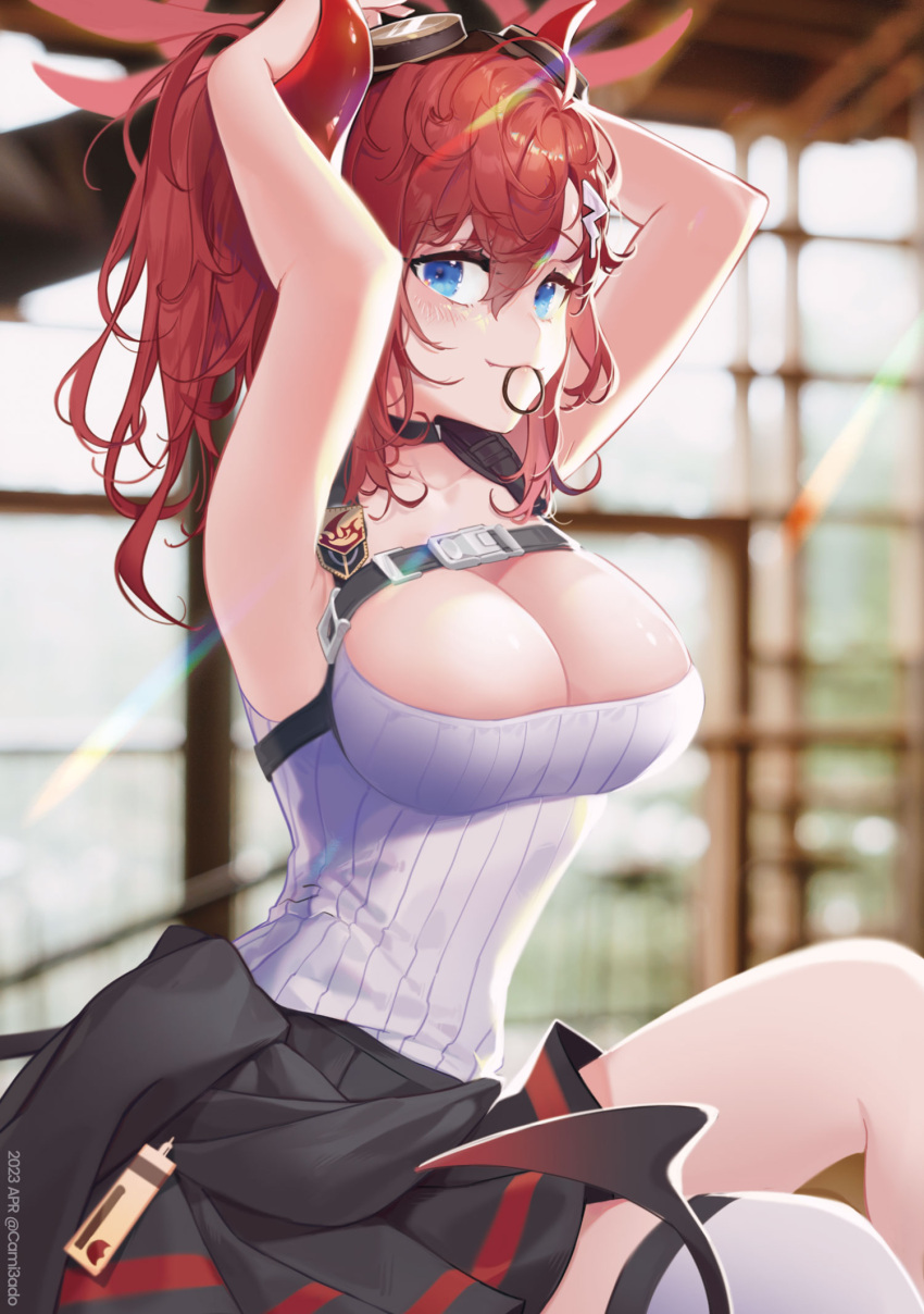 1girl armpits arms_up bare_arms bare_shoulders black_choker black_skirt blue_archive blue_eyes blurry breasts camisado chest_harness choker cleavage closed_mouth depth_of_field goggles goggles_on_head hair_tie_in_mouth harness highres horns large_breasts long_hair looking_at_viewer megu_(blue_archive) miniskirt mouth_hold pleated_skirt ponytail red_hair ribbed_shirt shirt single_thighhigh sitting skirt sleeveless sleeveless_shirt smile solo tail thighhighs thighs white_shirt