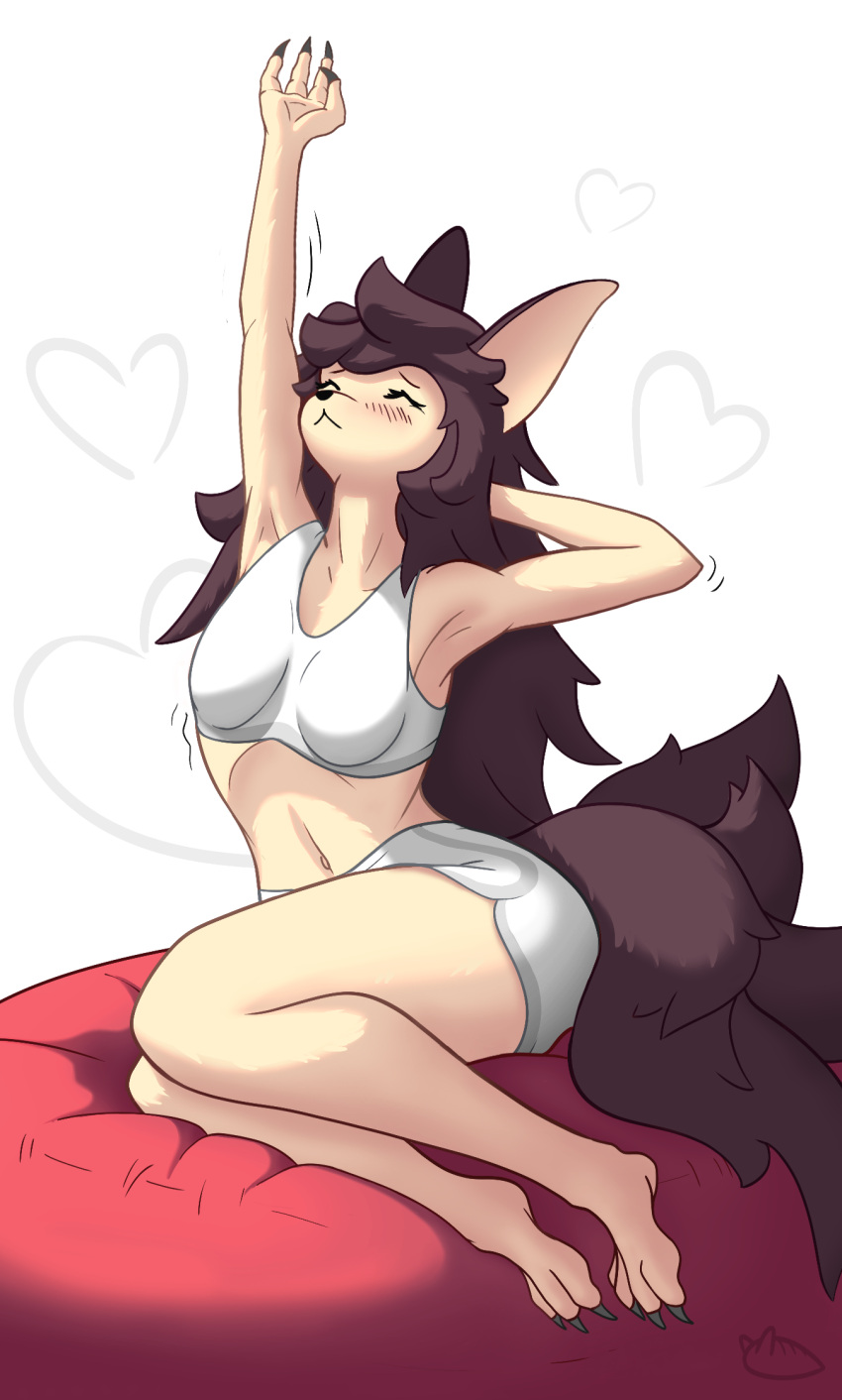 2023 anthro bean_bag beige big_ears bottomwear breasts canid canine canis claws clothed clothing colored digital_drawing_(artwork) digital_media_(artwork) eyes_closed fan_character female fur gym_bottomwear gym_clothing gym_shorts hair hi_res long_hair mammal mouth_closed multi_tail nudibunn shaded shorts simple_background sitting solo stretching tail tan_body tan_fur toe_claws topwear white_background wolf