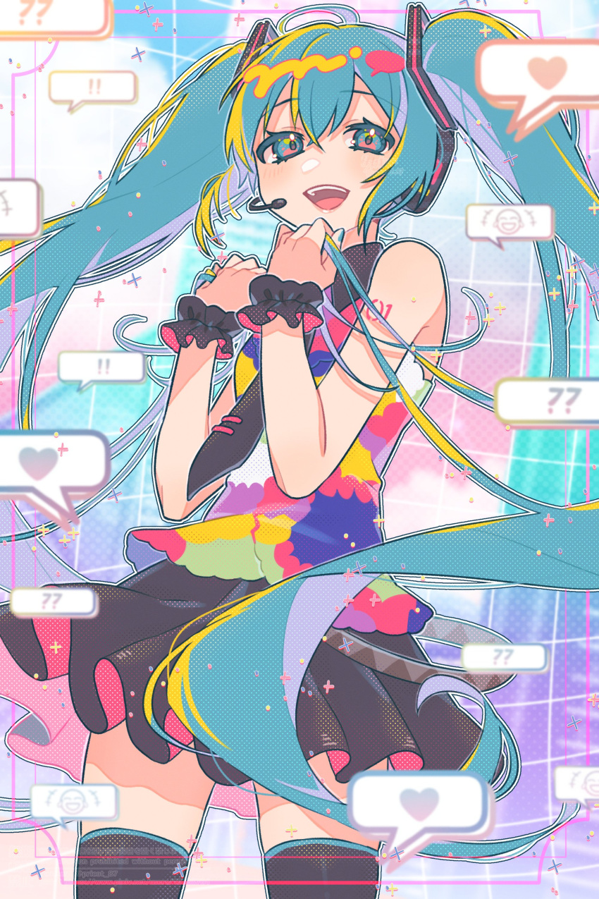 ! !! +++ 1girl ? ?? absurdres aqua_eyes aqua_hair aqua_nails bare_arms black_necktie black_scrunchie black_skirt black_thighhighs colorful cowboy_shot emoji grid_background hair_ornament hands_up hatsune_miku heart highres holding_own_hair light_blush lips looking_at_viewer miniskirt multicolored_shirt necktie open_mouth pleated_skirt sakuhana87 scrunchie shirt skirt sleeveless sleeveless_shirt smile smiley_face solo speech_bubble speech_bubble_hair_ornament standing tell_your_world_(vocaloid) thighhighs virtual_reality vocaloid