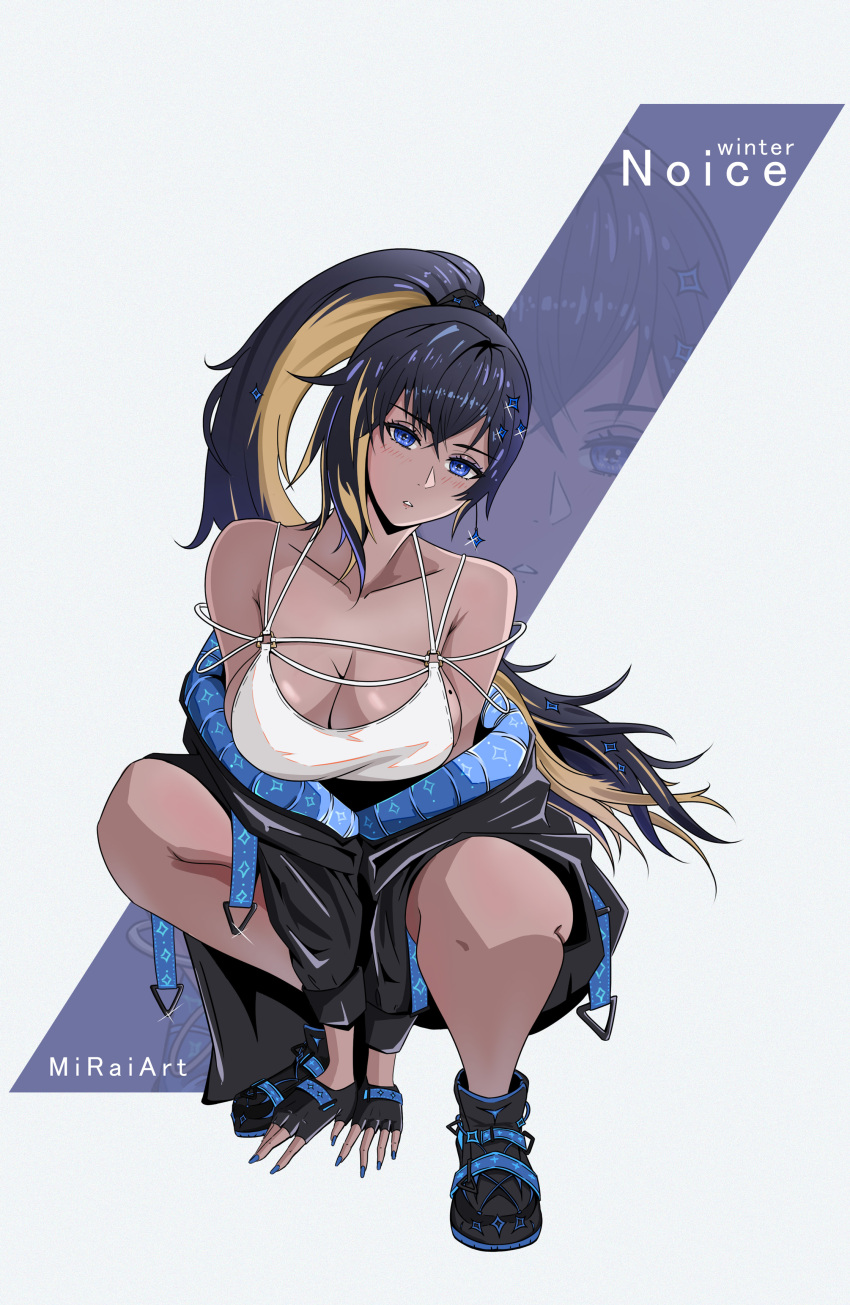 1girl absurdres ankle_boots arms_between_legs artist_name bare_shoulders black_coat black_gloves black_hair blue_eyes boots breasts brown_hair character_name coat dark-skinned_female dark_skin english_commentary fingerless_gloves gloves goddess_of_victory:_nikke hair_ornament highres light_blush long_hair looking_at_viewer mirai_(miraiart) mole mole_on_breast multicolored_hair no_socks noise_(nikke) off_shoulder parted_lips ponytail solo spaghetti_strap squatting two-tone_hair typo zoom_layer