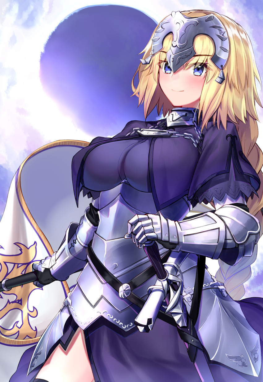 1girl absurdres armor armored_dress blonde_hair blue_eyes blue_sky blush braid braided_ponytail breasts chain closed_mouth commentary_request fate/apocrypha fate_(series) faulds flag gauntlets headpiece highres holding holding_flag jeanne_d'arc_(fate) jeanne_d'arc_(ruler)_(fate) large_breasts long_braid long_hair looking_at_viewer ninoude_(ninoude44) plackart sheath sheathed single_braid sky smile solo sword vambraces very_long_hair weapon