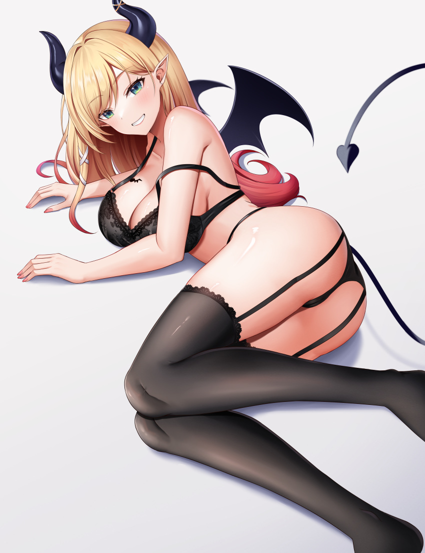 1girl absurdres ass ass_focus black_bra black_garter_belt black_horns black_panties black_thighhighs blonde_hair bra breast_tattoo breasts cleavage demon_girl demon_horns demon_tail demon_wings garter_belt green_eyes highres hololive horns large_breasts lingerie long_hair looking_at_viewer lying multicolored_hair on_side panties pointy_ears sei_joshikou smile solo tail tattoo thighhighs thighs underwear virtual_youtuber white_background wings yuzuki_choco