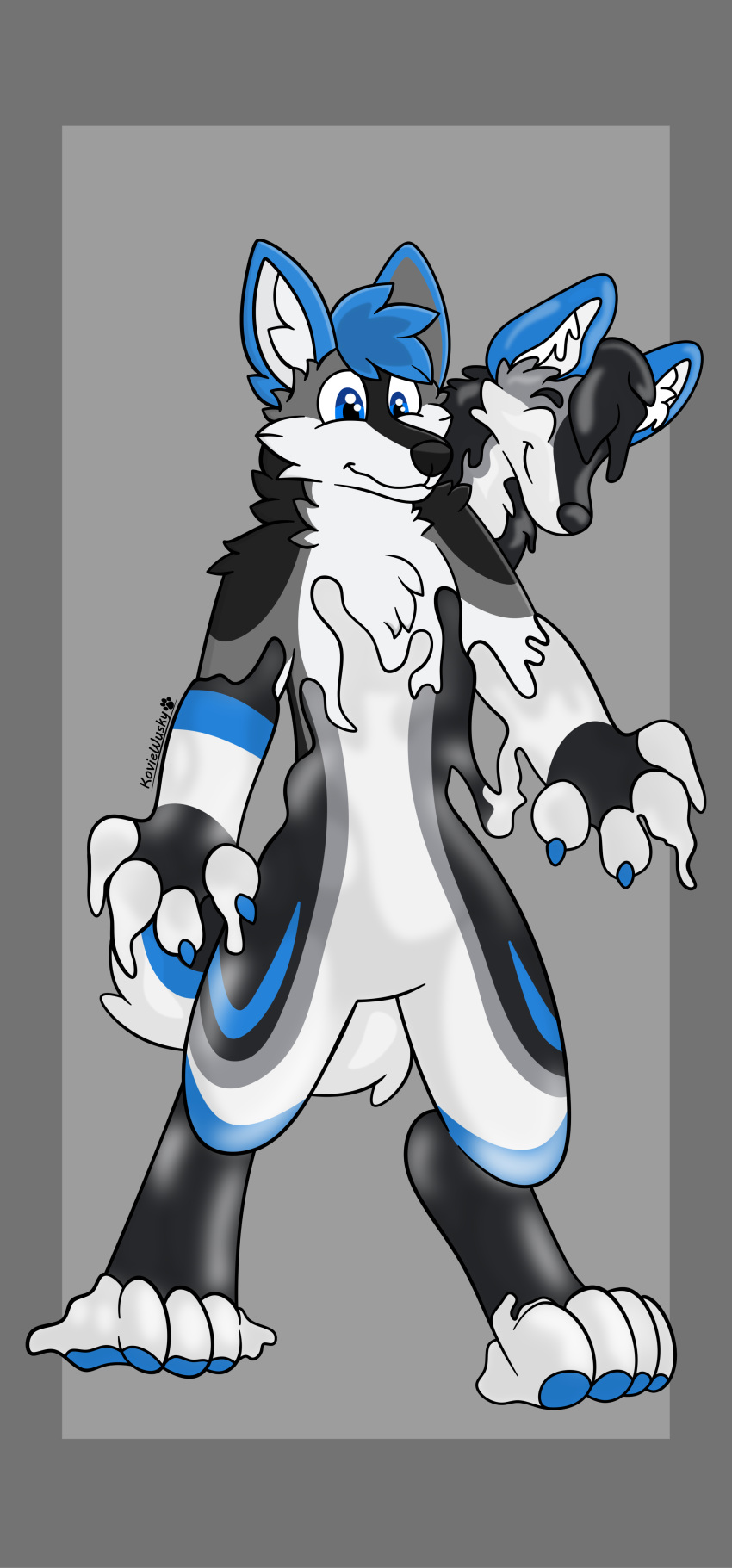 absurd_res ambiguous_gender amju_wolf anthro black_body black_fur blue_claws blue_ears blue_eyes blue_hair blue_markings blue_pawpads canid canine canis claws covered_in_goo fur goo_transformation grey_body grey_fur hair hi_res kovie_wusky liquid_latex living_latex mammal markings multicolored_body multicolored_fur pawpads smile solo standing takeover transformation white_body white_fur white_inner_ear wolf