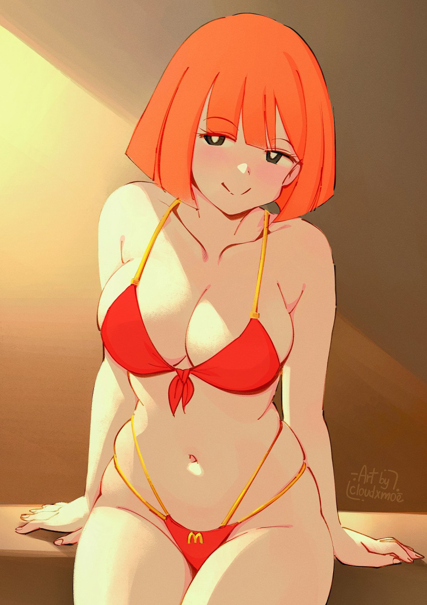 1girl arm_support artist_name bikini black_eyes bob_cut breasts cleavage closed_mouth cloudxmoe collarbone english_commentary groin highres large_breasts looking_at_viewer mcdonald's mother_(yoru_mac) navel orange_hair red_bikini short_hair sitting smile solo stomach swimsuit yoru_mac