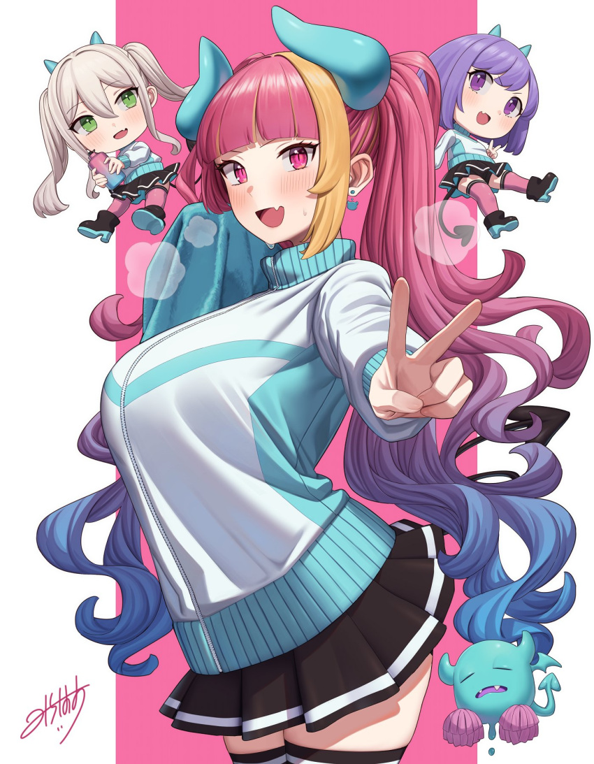 3girls black_skirt blonde_hair blue_eyes blue_hair blue_jacket blush breasts character_request chibi copyright_request earrings gradient_hair highres horns jacket jewelry large_breasts looking_at_viewer michihasu multicolored_clothes multicolored_hair multicolored_jacket multiple_girls pink_eyes pink_hair purple_eyes purple_hair short_hair simple_background skirt smile thighhighs twintails two-tone_jacket v white_jacket