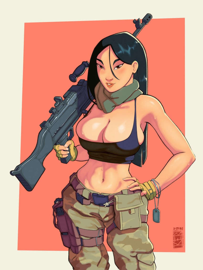 1girl absurdres alternate_costume asian baggy_pants belt_pouch black_hair border brown_eyes camouflage camouflage_pants commentary cowboy_shot dated dog_tags english_commentary fa_mulan_(disney) fingerless_gloves fn_mag general-purpose_machine_gun gloves gun hand_on_own_hip handgun highres holding holding_gun holding_weapon holstered initial kumbhker lipstick long_hair looking_at_viewer machine_gun makeup mulan navel outside_border over_shoulder pants parted_lips pink_lips pouch red_background simple_background solo sports_bra weapon weapon_over_shoulder white_border yellow_gloves