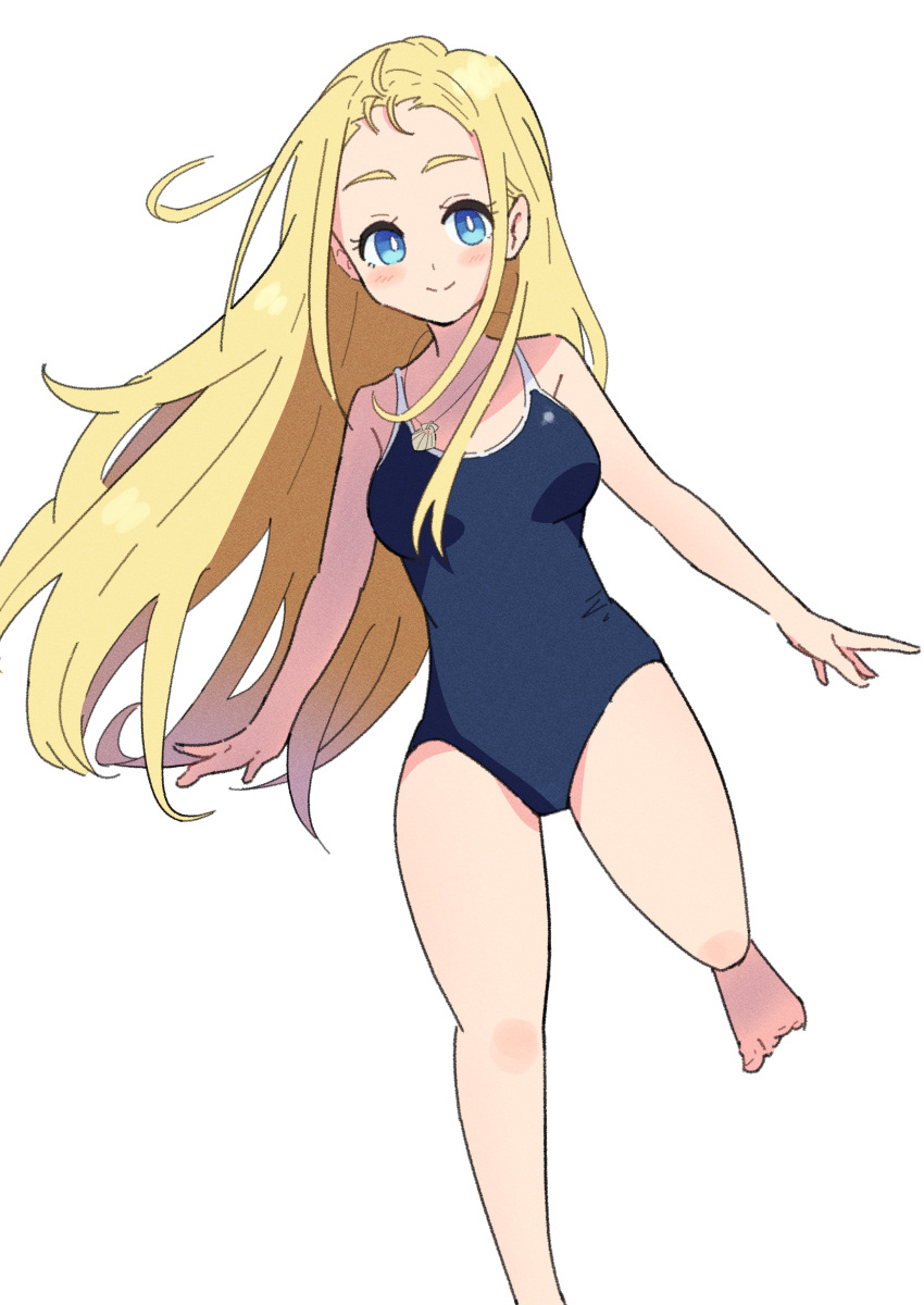 1girl absurdres barefoot blonde_hair blue_one-piece_swimsuit breasts competition_school_swimsuit feet_out_of_frame highres kofune_ushio long_hair looking_at_viewer medium_breasts nagumo_uka one-piece_swimsuit school_swimsuit simple_background smile solo summertime_render swimsuit thick_eyebrows white_background