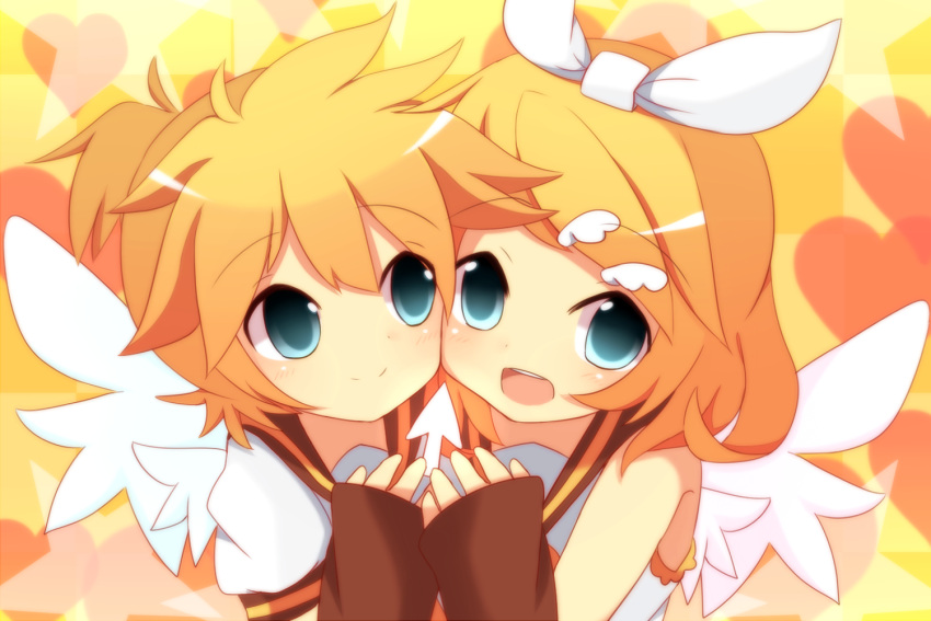 1boy 1girl blonde_hair blue_eyes bob_cut bow brown_sailor_collar cheek-to-cheek detached_sleeves electric_angel_(vocaloid) feathered_wings hair_bow hair_ornament hairclip happy heads_together kagamine_len kagamine_rin meranoreuka_(naokentak) mouse_pointer open_mouth ponytail puffy_short_sleeves puffy_sleeves sailor_collar school_uniform short_hair short_ponytail short_sleeves sleeveless smile vocaloid white_wings wing_hair_ornament wings yellow_background