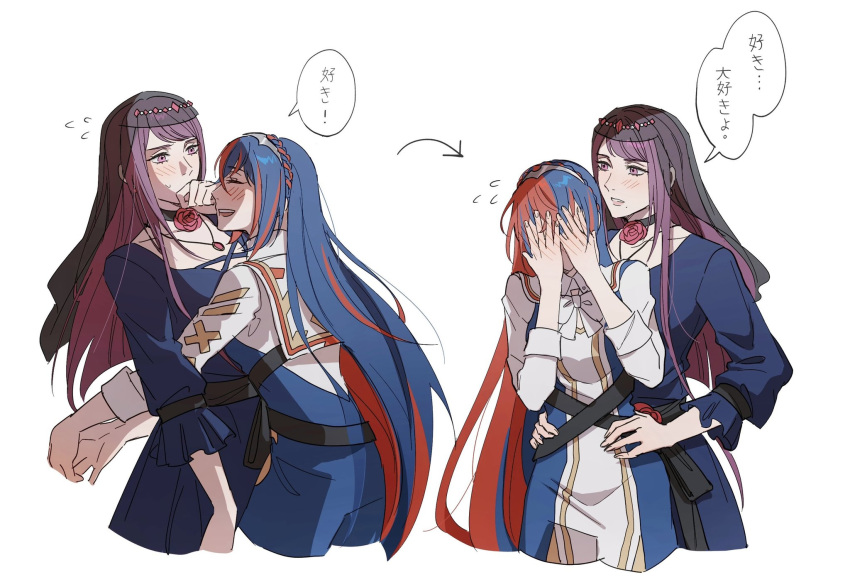 2girls alear_(female)_(divine_attire)_(fire_emblem) alear_(female)_(fire_emblem) alear_(fire_emblem) blue_eyes blue_hair blush bow braid breasts cleavage_cutout clothing_cutout crossed_bangs crown_braid dress fire_emblem fire_emblem_engage height_difference heterochromia highres hug ivy_(fire_emblem) long_hair multicolored_hair multiple_girls official_alternate_costume open_mouth oratoza purple_eyes purple_hair red_eyes red_hair romper shorts sleeves_rolled_up smile split-color_hair tiara two-tone_hair very_long_hair yuri