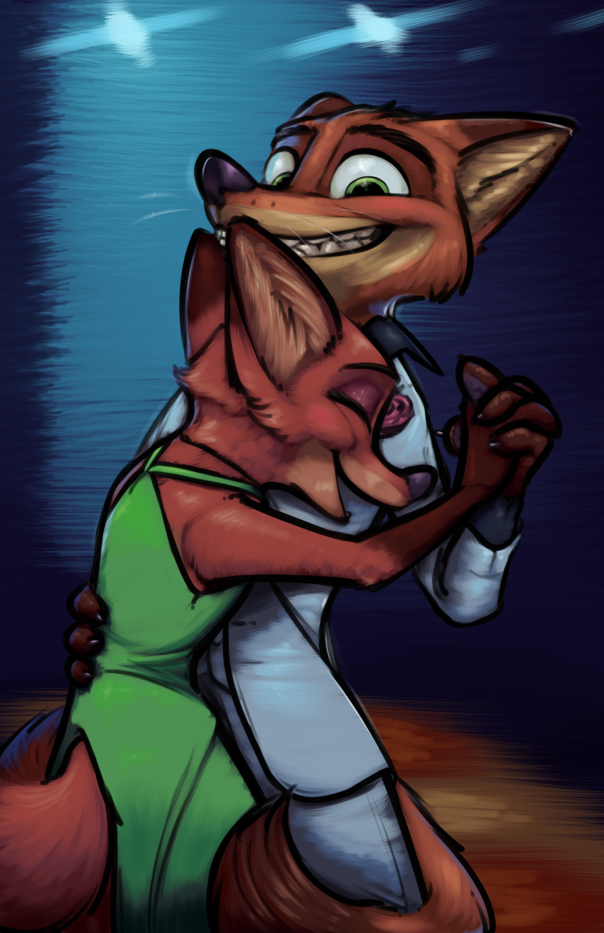 anthro canid canine clothing dancing disney dress duo female fox hand_on_back hi_res interlocked_fingers laugh looking_at_viewer male mammal mrs._wilde nick_wilde suit tangerine_(artist) zootopia