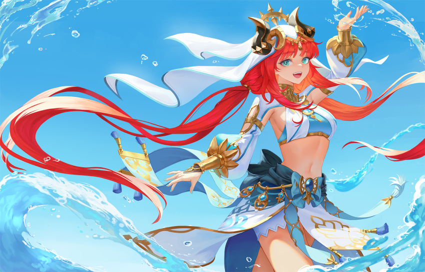 1girl aqua_eyes arm_up armpits blue_background blue_gemstone blue_veil bracer breasts brooch circlet commentary crop_top dancer fake_horns gem genshin_impact gold_trim harem_outfit highres horns jewelry kimyeen long_sleeves low_twintails medium_breasts midriff navel neck_ring nilou_(genshin_impact) open_mouth puffy_long_sleeves puffy_sleeves red_hair shorts sideboob simple_background teeth twintails upper_teeth_only veil water white_headdress white_shorts white_sleeves white_veil