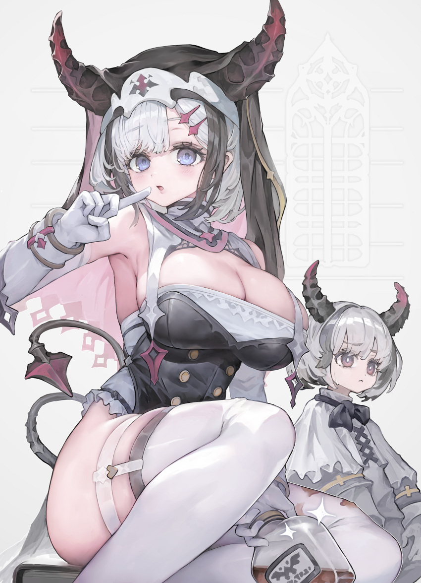 2girls blue_eyes blush breasts bright_pupils cleavage demon_tail elbow_gloves gloves grey_hair hair_ornament hairclip hand_up highres horns index_finger_raised large_breasts looking_at_viewer medium_hair multiple_girls original skindentation sparkle tail thighhighs voruvoru white_gloves white_pupils white_thighhighs