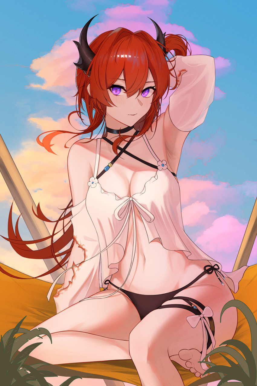 1girl absurdres arknights arm_up armpits bikini black_bikini blue_sky breasts cleavage closed_mouth criss-cross_halter demon_horns duckntea english_commentary hair_between_eyes halterneck hammock highres horns long_hair looking_at_viewer official_alternate_costume outdoors purple_eyes red_hair side-tie_bikini_bottom sitting sky solo surtr_(arknights) surtr_(colorful_wonderland)_(arknights) swimsuit swimsuit_cover-up