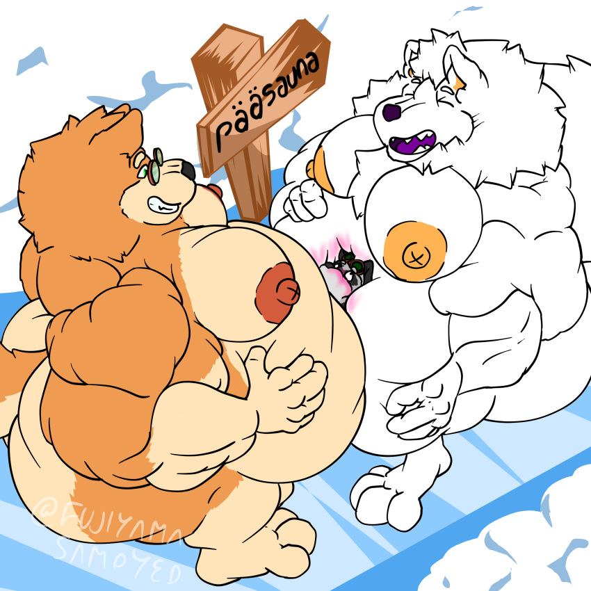 absurd_res anthro areola barazoku belly belly_smother belly_squish between_bellies big_butt bird's-eye_view blush butt canid canine canis digital_media_(artwork) domestic_dog eyewear finnish_text fluffy fluffy_tail flustered fujiyama_inushiro(fujiyamasamoyed) fujiyama_samoyed_(artist) fur glasses green_eyes grin group hi_res high-angle_view huge_butt hyper ice kemono larger_male male mammal moobs neck_tuft nipples nordic_sled_dog nude obese obese_anthro obese_male orange_areola orange_nipples overweight overweight_anthro overweight_male procyonid purple_mouth purple_tongue raccoon samoyed shiba_inu sign signpost simple_background size_difference smaller_male smile smothering snow spitz squish tail text tongue trio tuft yellow_areola yellow_body yellow_ears yellow_fur yellow_nipples