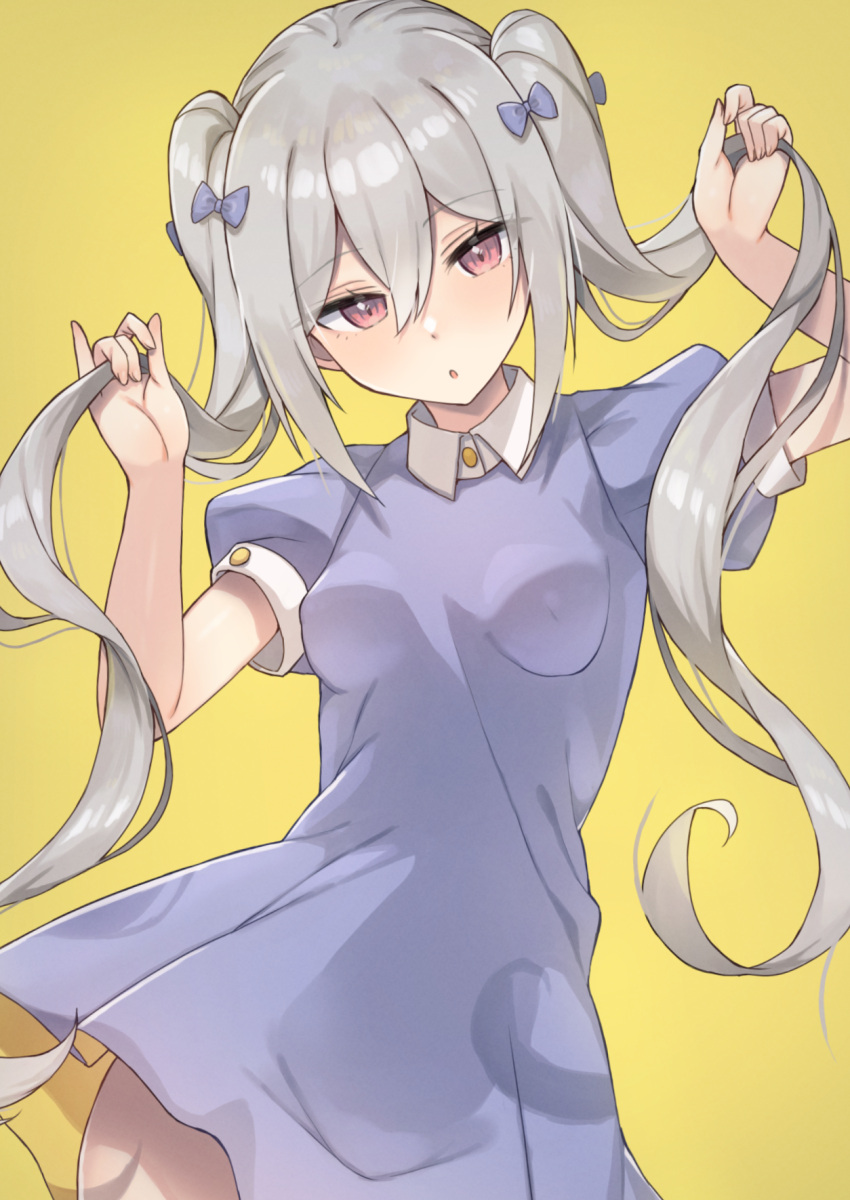 1girl :c blush bow breasts breasts_apart collared_dress covered_nipples cowboy_shot cropped dress eichan_(eichanidfi) grey_hair hair_between_eyes hair_bow head_tilt highres holding holding_hair long_hair looking_at_viewer original puffy_short_sleeves puffy_sleeves purple_bow purple_dress raised_eyebrows red_eyes short_sleeves sidelocks simple_background small_breasts solo thighs twintails yellow_background