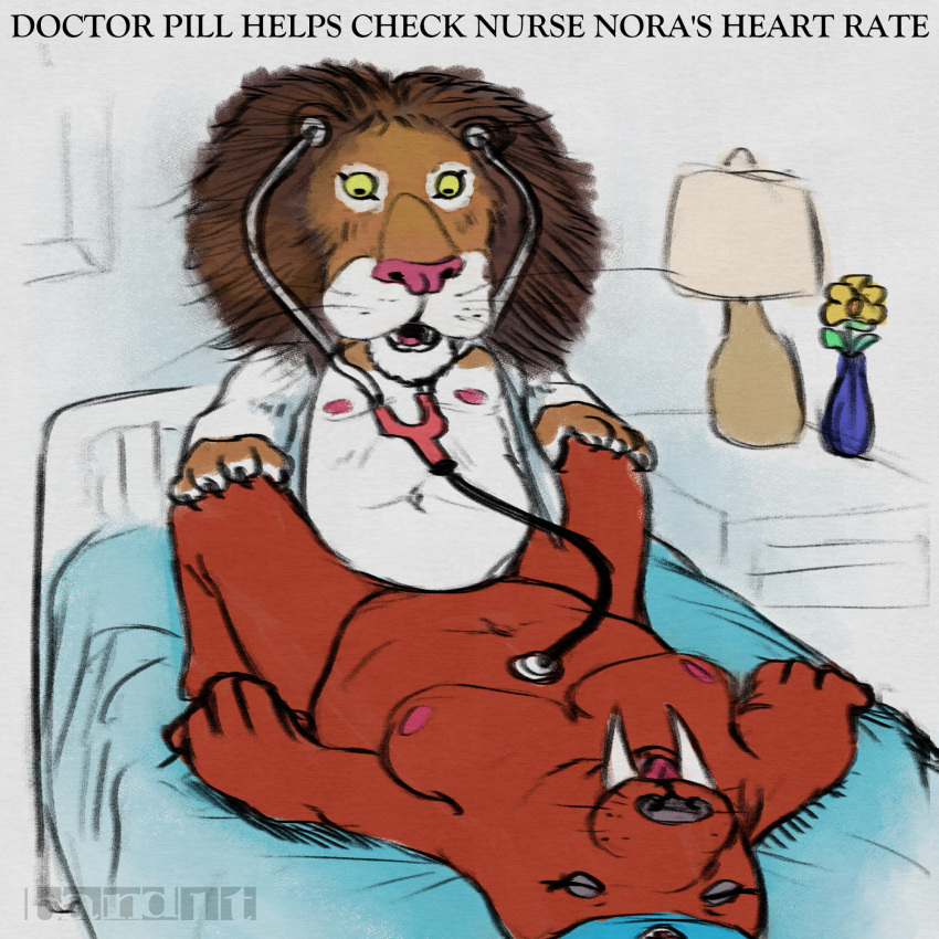 1:1 anthro band1tnsfw bed clothed clothing digital_drawing_(artwork) digital_media_(artwork) doctor doctor_pill_(richard_scarry) duo english_text felid female flat_colors flower furniture grabbing_sheets hands_on_knees hands_on_legs hi_res inside lamp lion looking_at_another looking_at_partner male male/female mammal marine medical_instrument moan nipples nurse nurse_nora_(richard_scarry) open_clothing open_shirt open_topwear pantherine pink_nipples pinniped plant portrait scientific_instrument sex shirt simple_background stethoscope text the_busy_world_of_richard_scarry topwear vase walrus