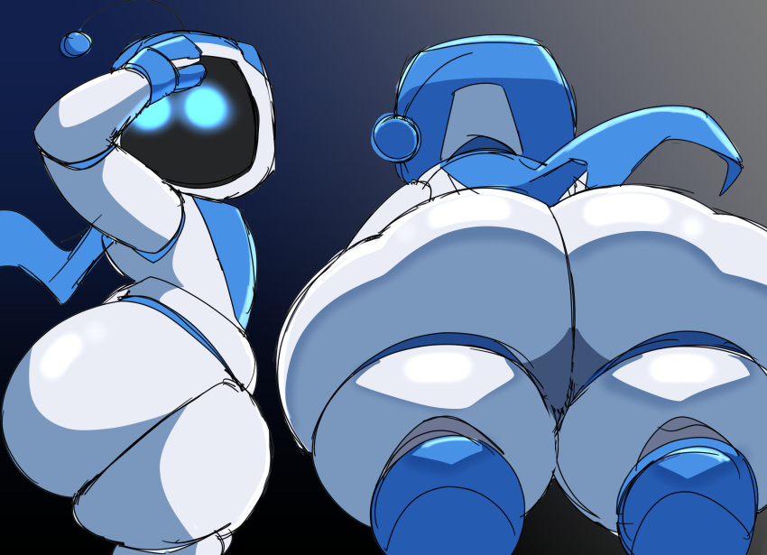 2023 absurd_res ambiguous_gender antennae_(anatomy) astro_(astro_bot) astro_bot_(series) big_butt bird's-eye_view blue_background blue_body blue_eyes blue_scarf butt colored_sketch gradient_background grey_background hi_res high-angle_view huge_butt humanoid light lighting machine male_(lore) mouthless raised_arm rear_view robot scarf screen screen_face shaded side_view simple_background sketch solo sony_corporation sony_interactive_entertainment standing white_body wide_hips witdrawsloods