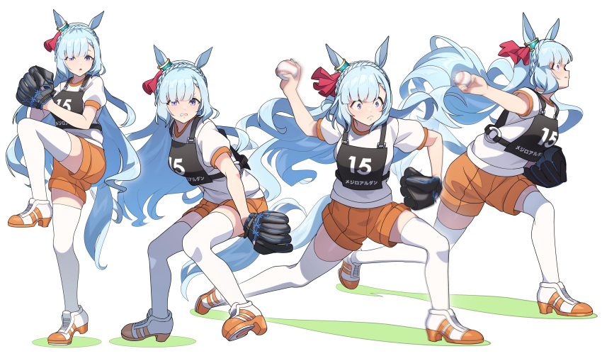 1girl absurdres animal_ears baseball blue_hair ear_ornament highres horse_ears horse_girl horse_tail light_blue_hair mejiro_ardan_(umamusume) nishiki_kazue original_race_uniform_(umamusume) tail umamusume