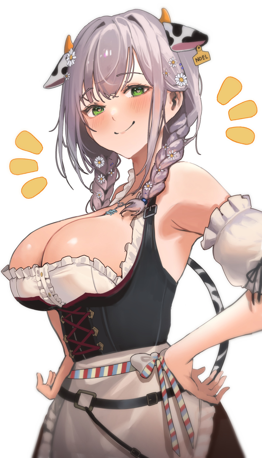 1girl absurdres animal_ears apron bare_shoulders belt black_belt black_corset blush braid breasts cleavage closed_mouth corset cow_ears cow_tail detached_sleeves fake_animal_ears fake_tail flower green_eyes grey_hair hair_flower hair_ornament hand_on_hip heart heart_in_eye highres hololive large_breasts looking_at_viewer mamo_(user_jjca7524) official_alternate_costume ribbon shirogane_noel smile solo symbol_in_eye tail twin_braids virtual_youtuber white_apron white_background