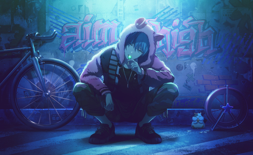 1boy animal_hood aoyagi_touya awakening_beat_(project_sekai) bicycle blue_hair candy colorful_palette dark_blue_hair dot_nose food full_body graffiti grey_eyes hamster highres holding holding_candy holding_food holding_lollipop hood hood_up hooded_jacket jacket jewelry lollipop long_sleeves looking_at_viewer male_focus mole mole_under_eye multicolored_hair necklace official_art open_mouth project_sekai short_hair solo squatting star_(symbol) third-party_source two-tone_hair wheel
