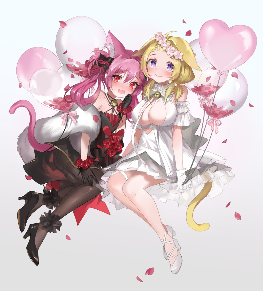 2girls absurdres animal_ear_fluff animal_ears ariake_(azur_lane) ariake_(unending_friendship)_(azur_lane) azur_lane balloon bare_shoulders bell black_footwear black_gloves black_pantyhose black_ribbon blonde_hair blunt_bangs blush breasts cat_ears cat_girl cat_tail dress dress_flower droopy_ears flat_chest flower fur_shawl gloves hair_between_eyes hair_flower hair_ornament hair_ribbon hatsushimo_(azur_lane) hatsushimo_(perennial_joy)_(azur_lane) heart_balloon high_heels highres isapeed large_breasts looking_at_viewer medium_hair multiple_girls neck_bell official_alternate_costume open_mouth pantyhose pink_hair purple_eyes red_eyes red_flower red_rose ribbon rose shawl simple_background smile tail white_background white_dress white_footwear white_gloves