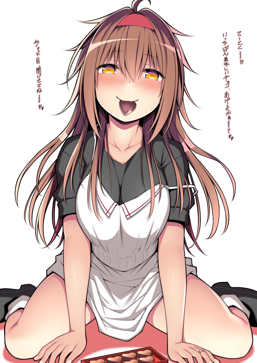 1girl absurdres ahoge apron black_footwear black_shirt blush breasts brown_eyes brown_hair candy chocolate closed_mouth collarbone food hair_between_eyes hair_flaps hairband heart heart-shaped_chocolate highres kantai_collection kuromayu large_breasts long_hair mouth_hold red_hairband shiratsuyu_(kancolle) shiratsuyu_kai_ni_(kancolle) shirt shoes short_sleeves simple_background sitting smile socks solo translation_request valentine wariza white_apron white_background white_socks