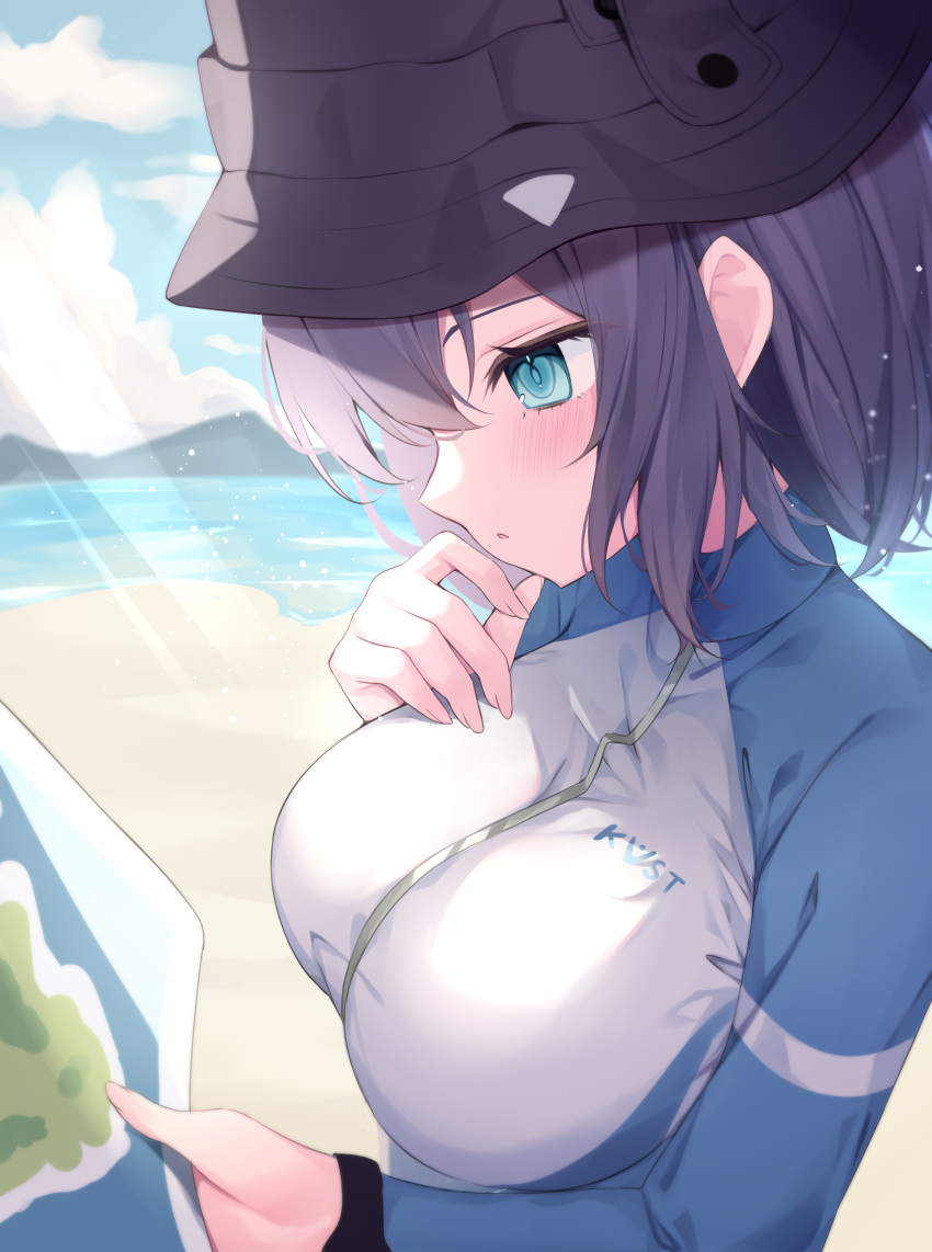 1girl absurdres beach blue_archive blush breasts bucket_hat gou_213 hat highres large_breasts light_rays long_sleeves looking_at_object map official_alternate_costume outdoors profile purple_hair rash_guard saki_(blue_archive) saki_(swimsuit)_(blue_archive) solo upper_body