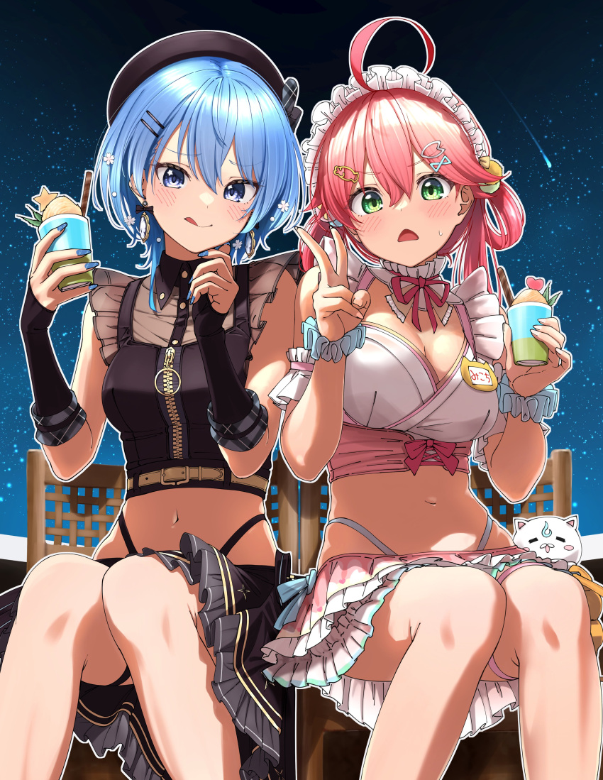 2girls 35p_(sakura_miko) :d :q absurdres adapted_costume ahoge bare_legs beret blue_hair blue_nails breasts chair closed_mouth crop_top cup earrings feet fingerless_gloves flower food frilled_skirt frills gloves green_eyes hair_flower hair_ornament hair_rings hairclip hat highres holding holding_cup hololive hoshimachi_suisei hoshimachi_suisei_(6th_costume) ice_cream jewelry knees_together_feet_apart large_breasts legs maid_headdress multiple_girls nail_polish name_tag navel neck_ribbon open_mouth pink_hair raised_eyebrows ribbon sakura_miko sakura_miko_(5th_costume) scrunchie shinomu_(cinomoon) short_hair sitting skirt sky smile star_(sky) star_(symbol) star_in_eye starry_sky stomach symbol_in_eye thigh_strap tongue tongue_out v v-shaped_eyebrows white_nails white_skirt wrist_scrunchie