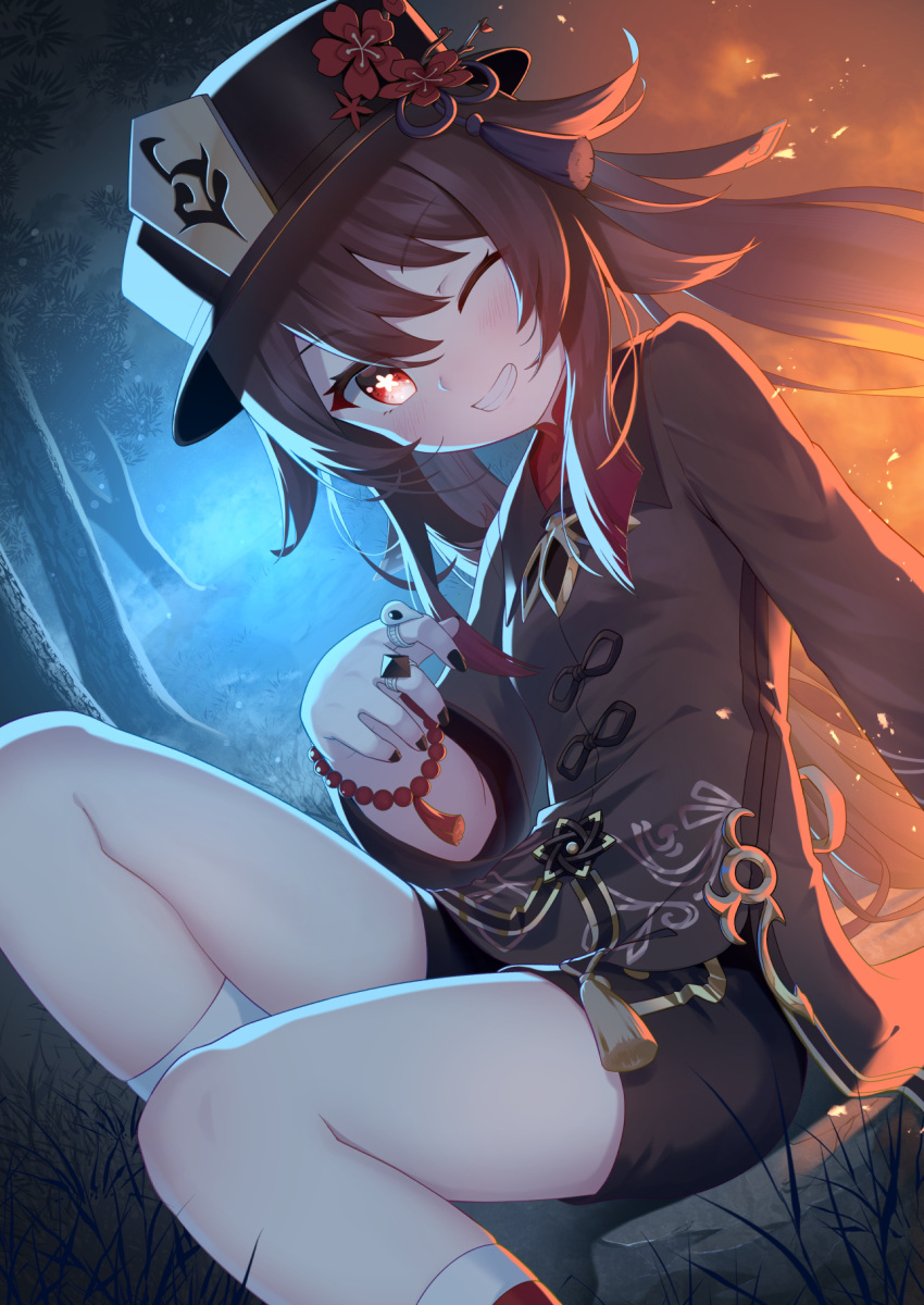 1girl ;) bead_bracelet beads black_headwear black_nails black_shorts bracelet bright_pupils brown_coat brown_hair coat dutch_angle embers feet_out_of_frame flower flower-shaped_pupils forest genshin_impact glowing hair_between_eyes hat hat_flower hat_tassel highres hu_tao_(genshin_impact) jewelry kana_ami light_blush long_hair looking_at_viewer multiple_rings nature one_eye_closed orange_eyes ring shorts smile socks solo symbol-shaped_pupils tree twintails white_pupils white_socks