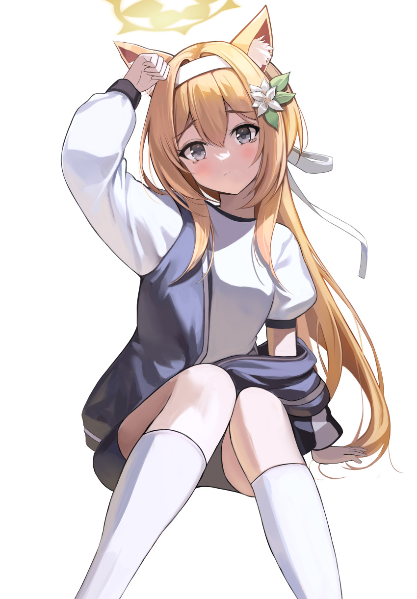 1girl absurdres animal_ears black_shorts blue_archive blue_vest blush breasts cat_ears cat_girl closed_mouth commentary feet_out_of_frame flower grey_eyes gym_uniform hair_between_eyes hair_flower hair_ornament hairband halo hand_up highres kneehighs leaf leaf_hair_ornament leepy long_hair long_sleeves looking_at_viewer mari_(blue_archive) mari_(track)_(blue_archive) medium_breasts official_alternate_costume open_clothes open_vest orange_hair puffy_long_sleeves puffy_short_sleeves puffy_sleeves shirt short_sleeves shorts simple_background sitting socks solo tears vest white_background white_flower white_hairband white_shirt white_socks